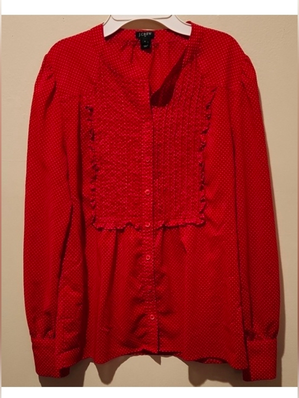 ❤ J CREW RED PINTUCK RUFFLE BIB BUTTON DOWN POLKA DOT TOP / SHIRT, 4 - Picture 2 of 10